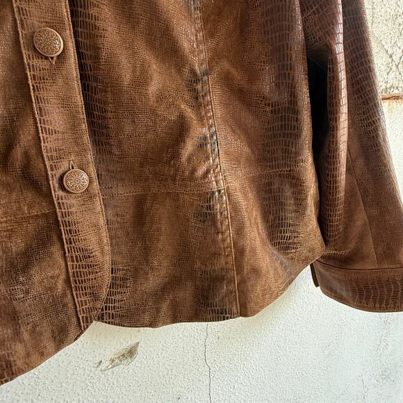 Vintage Jacket Faux Leather Reptile Womens L Brown Croc Print Trucker Cut Coat - Picture 4 of 6